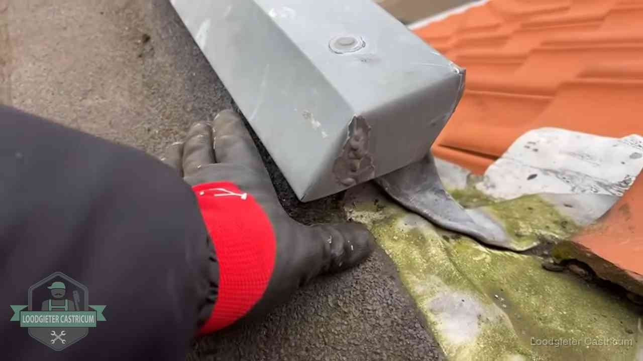 Controle van een zinken hemelwaterafvoer met loodslab bij dakpannen in Castricum